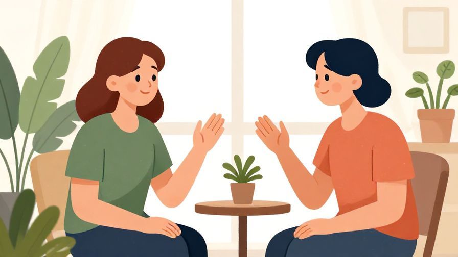 Illustration%20of%20a friendly conversation between two people with one asking a question politely, bright room with plants, illustrated style