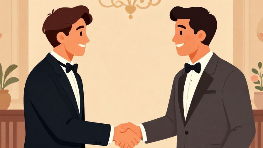 Illustration%20of%20a friendly conversation between two formally dressed people, smiling and shaking hands, elegant indoor setting, illustrated style