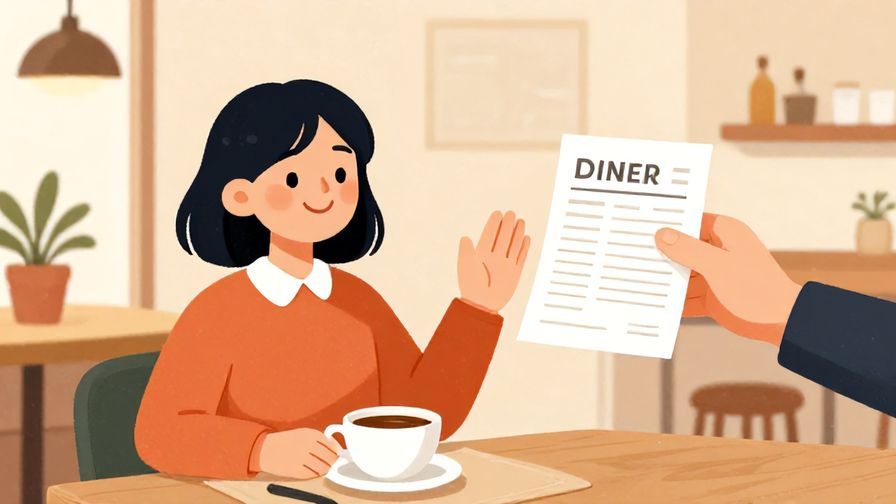Illustration%20of%20a friendly diner smiling and casually raising their hand to request the bill in a bright cafe, warm colors, illustrated style