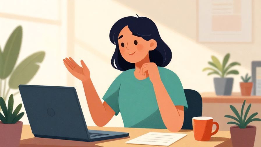 Illustration%20of%20a friendly office worker politely smiling while gesturing to relax, modern office background with plants and soft sun rays, vibrant colors, illustrated style