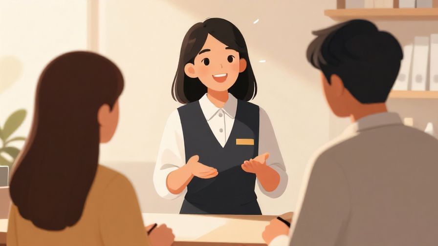Illustration%20of%20a friendly receptionist smiling while gesturing gently to the next visitor, warm lighting and welcoming atmosphere