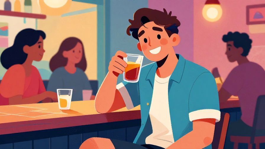 Illustration%20of%20a friendly young man with a relaxed posture holding a drink, smiling warmly, bar setting with friends, vibrant colors, illustrated style