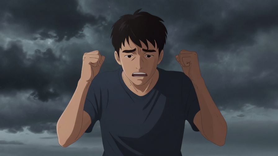 Illustration%20of%20a frustrated character pacing with clenched fists, stormy sky background, emotional and dynamic lighting