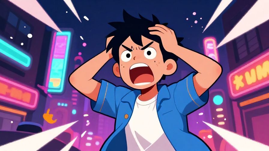 Illustration%20of%20a frustrated character shouting, chaotic urban background, neon lights, vibrant colors, illustrated style