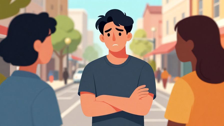 Illustration%20of%20a frustrated person with arms crossed, speaking firmly to a friend, urban street background, vibrant colors