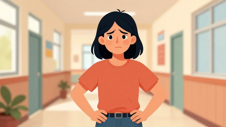 Illustration%20of%20a frustrated person with hands on hips, warning someone with a stern but caring look, school hallway background, vibrant colors, illustrated style