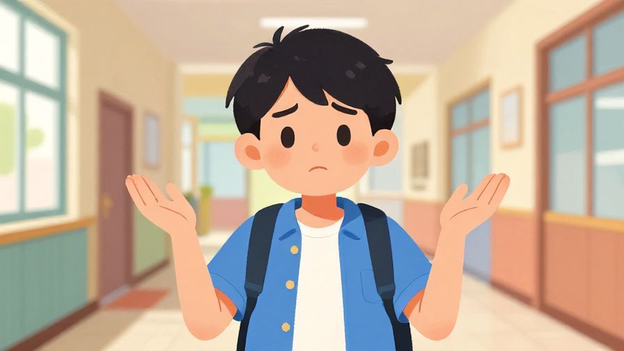 Illustration%20of%20a frustrated yet cute young person throwing up hands in confusion, colorful school hallway background, illustrated style