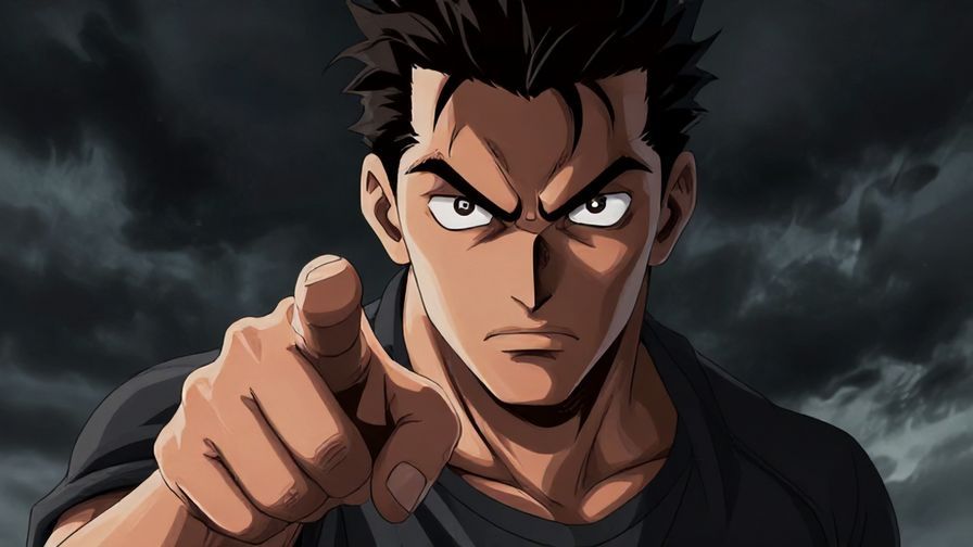 Illustration%20of%20a furious character pointing sternly with sharp eyes%2C dark stormy background, dramatic lighting, intense colors, illustrated style