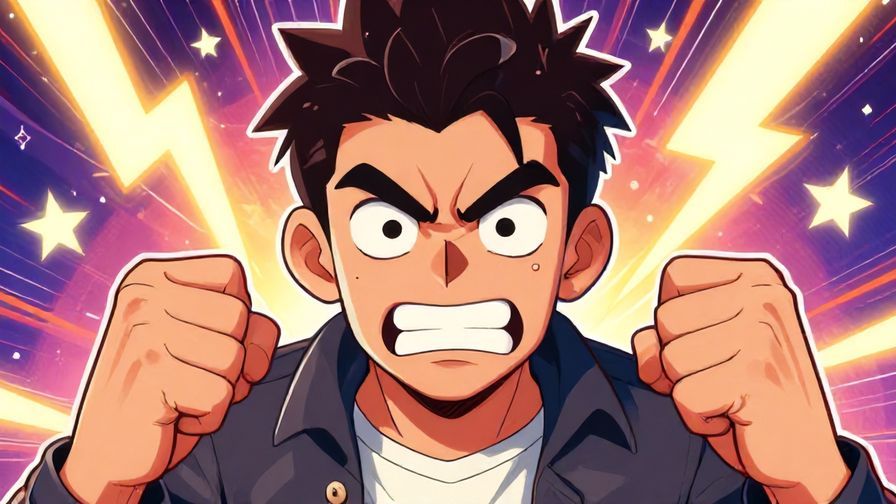 Illustration%20of%20a furious character with clenched fists%2C stylized comic background of lightning bolts and stars%2C vibrant colors%2C illustrated style