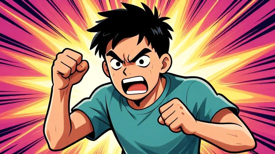 Illustration%20of%20a furious person shaking fists aggressively, comic-style action lines, intense colors, stylized background