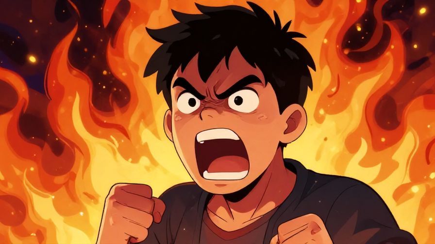 Illustration%20of%20a furious person shouting with intense background flames, stylized angry expression, vibrant colors
