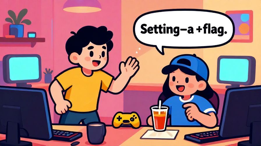 Illustration%20of%20a gamer-style character teasing another about “setting a flag,” playful indoor gaming room, bright colors, illustrated style