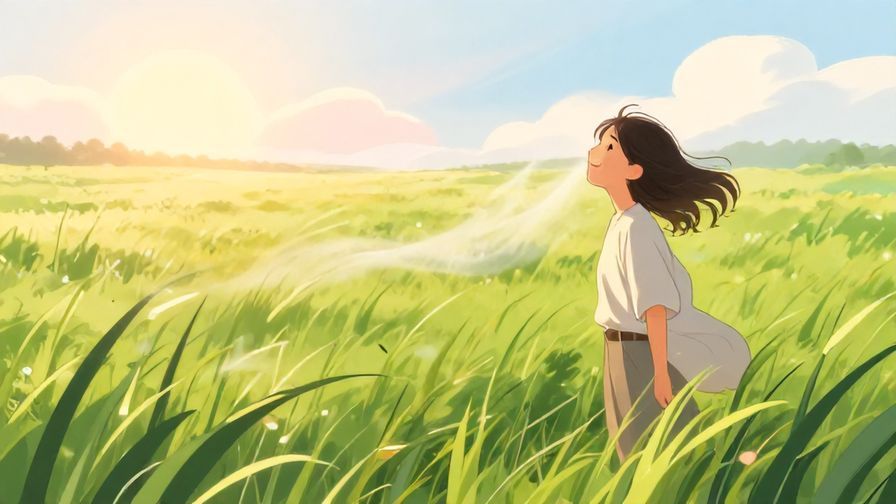 Illustration%20of%20a gentle breeze moving through a field of tall grass under a soft sunrise, with a relaxed person smiling and feeling hopeful. Bright pastel colors, illustrated style