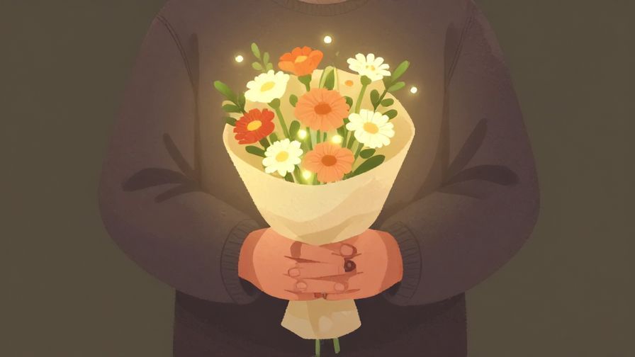 Illustration%20of%20a gentle person holding a small bouquet of flowers with soft glowing light in the background