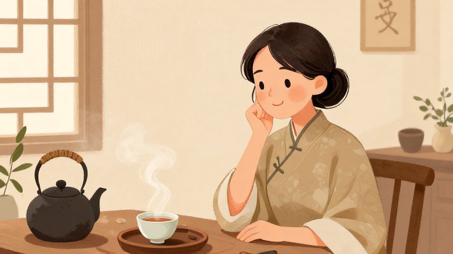 Illustration%20of%20a gentle person smiling softly in a traditional tea room, warm tones, illustrated style