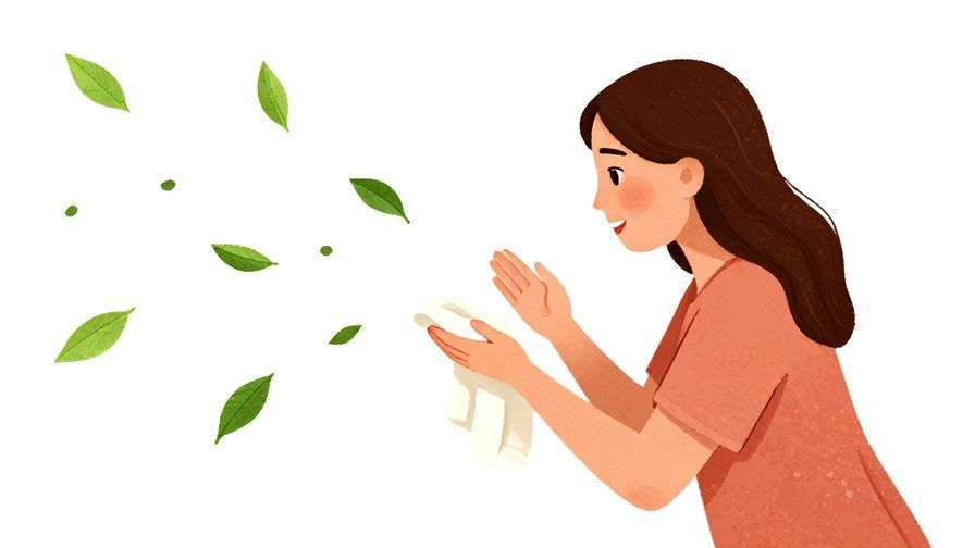 Illustration%20of%20a gentle person softly asking for a towel, gentle waves and floating leaves in the background, illustrated style