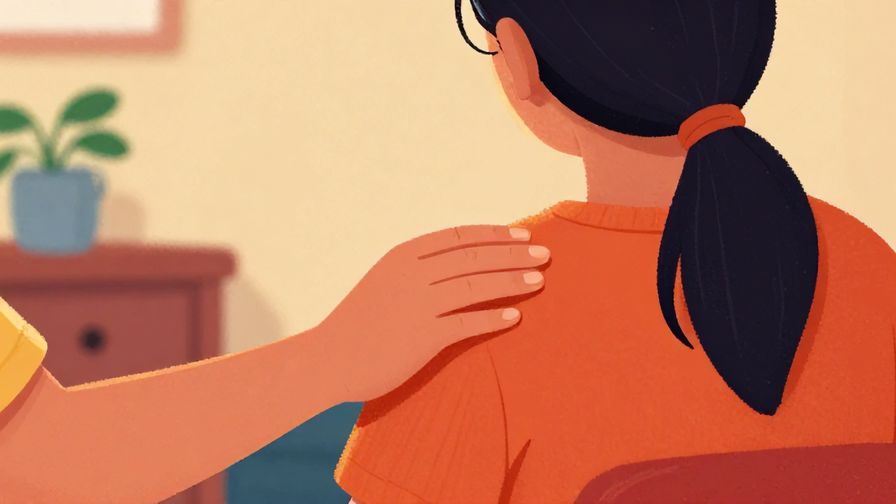 Illustration%20of%20a gentle, reassuring gesture of one person placing a hand on another’s shoulder in a quiet, softly lit room, symbolizing comfort and kindness, vibrant colors, illustrated style