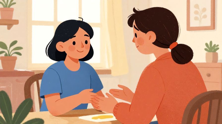 Illustration%20of%20a gentle, reassuring scene with a person smiling kindly and open hands in a sunny room, soft pastel colors, vibrant illustrated style