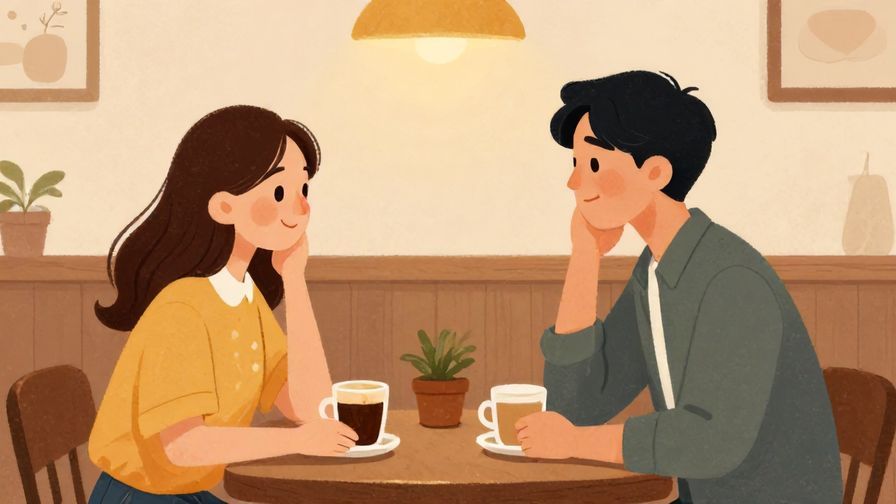 Illustration%20of%20a gentle smile exchanged between two people in a cozy café setting, warm colors, soft lighting, illustrated style
