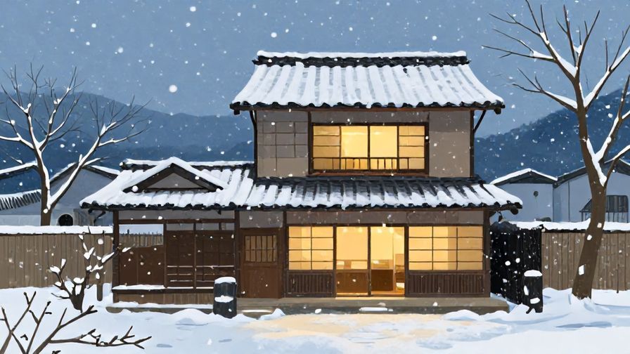 Illustration%20of%20a gentle snowfall outside a traditional Japanese house with warm lights inside, peaceful and hopeful mood, illustrated style