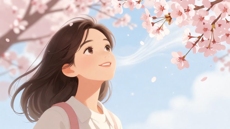 Illustration%20of%20a gentle woman looking up with a soft smile, light breeze flowing, cherry blossoms around
