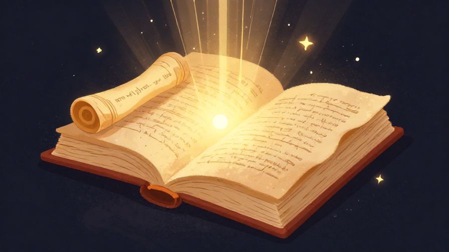 Illustration%20of%20a glowing book with ancient scrolls and light rays, symbolizing natural law and karmic justice, warm colors, illustrated style
