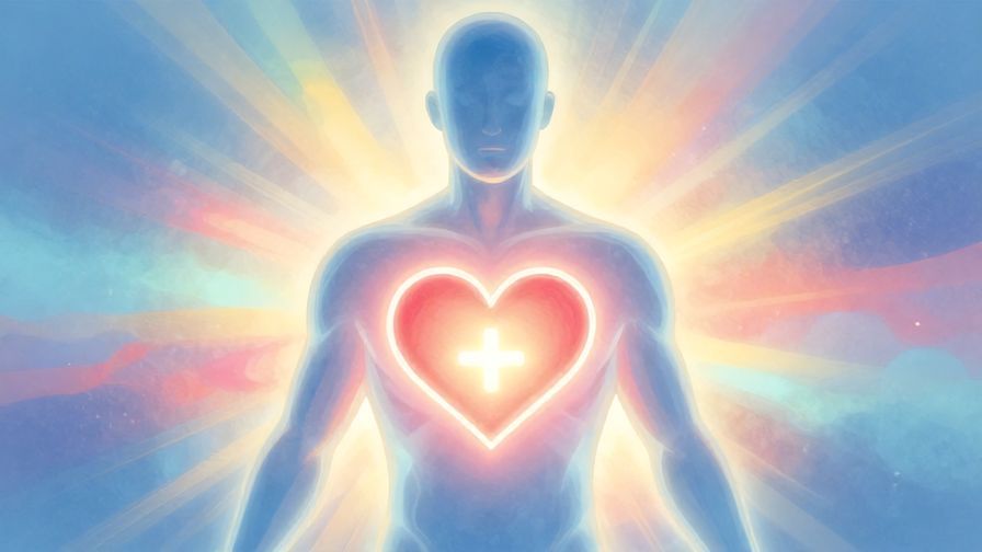 Illustration%20of%20a glowing heart inside a transparent human silhouette, surrounded by soft light rays, serene abstract background, vibrant colors, illustrated style