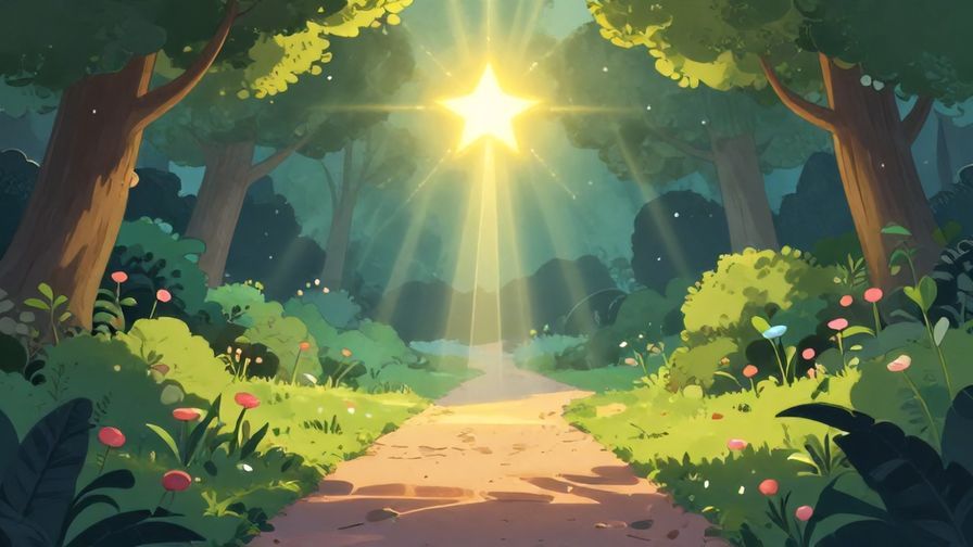 Illustration%20of%20a glowing star shining above a path through a peaceful garden, representing gentle guidance and fate, soft light rays