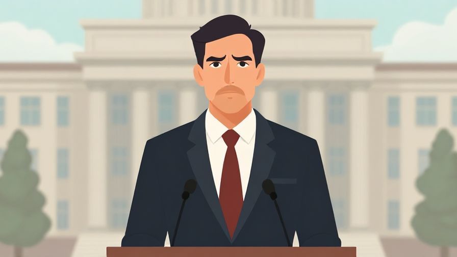 Illustration%20of%20a government official announcing measures with serious expression, official building background, muted colors