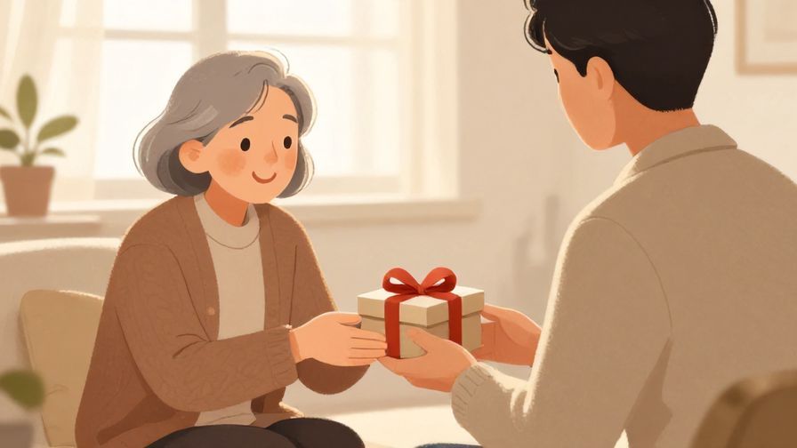 Illustration%20of%20a grateful person handing a small gift to an elder, warm family setting with soft natural light