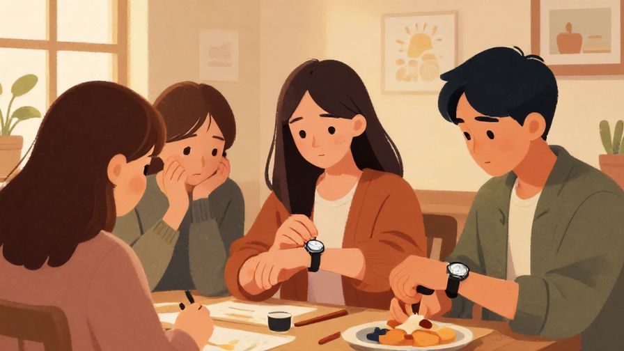 Illustration%20of%20a group glancing at watches and nodding, indicating readiness to begin, cozy indoor setting, warm lighting, illustrated style