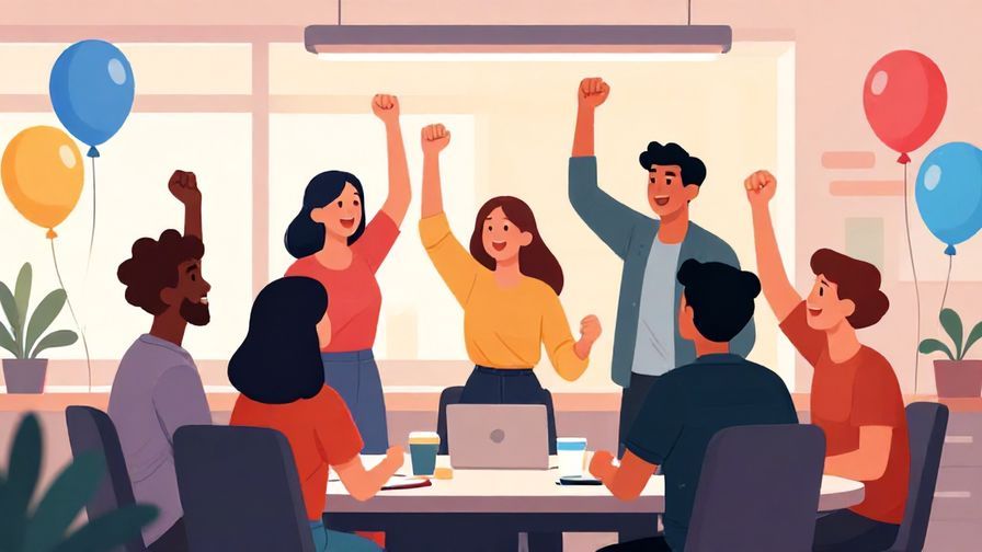 Illustration%20of%20a group of coworkers cheering each other on in a colorful office with balloons and bright lights