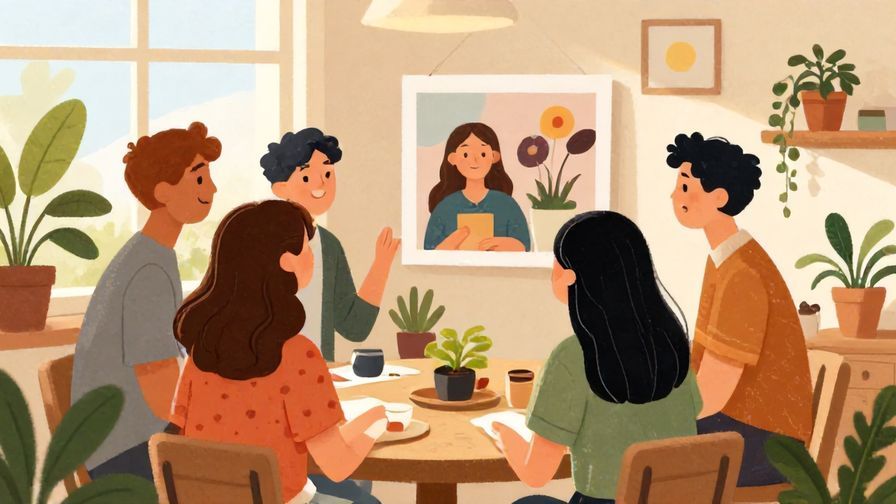 Illustration%20of%20a group of friends admiring a photo or art piece with smiles in a sunny room filled with plants