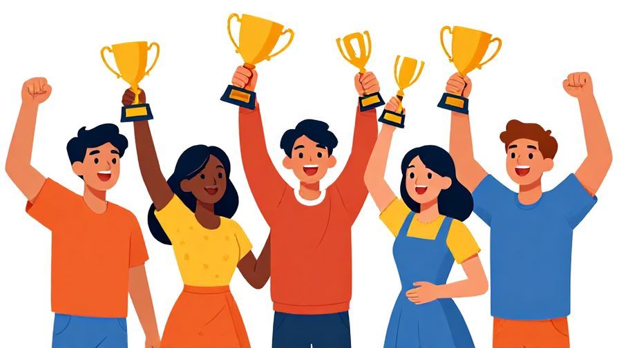 Illustration%20of%20a group of friends celebrating together, holding trophies and prizes, cheerful and vibrant scene, illustrated style