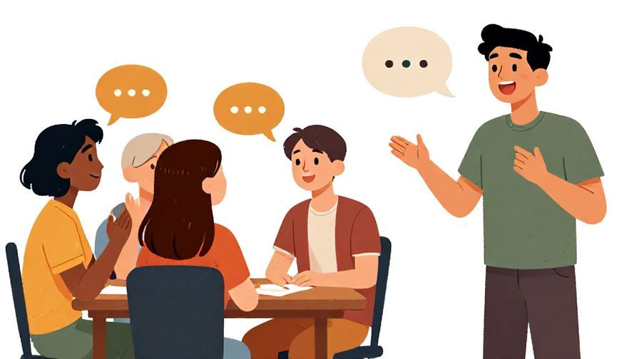 Illustration%20of%20a group of friends chatting and one starting a new topic cheerfully, warm colors, illustrated style