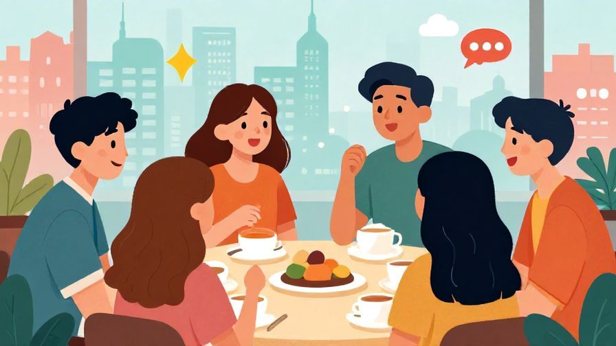 Illustration%20of%20a group of friends chatting excitedly with cityscape background and weekend vibes, vibrant colors, illustrated style