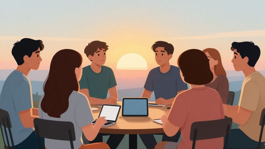 Illustration%20of%20a group of friends chatting with a sunrise in the background, casual atmosphere, soft colors