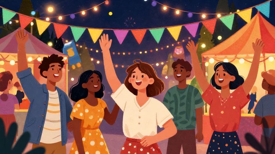 Illustration%20of%20a group of friends cheering happily in a festival setting, colorful lights and decorations, vibrant colors, illustrated style