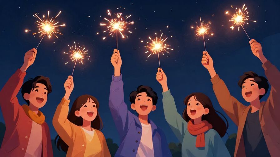 Illustration%20of%20a group of friends cheering with sparklers in night sky, joyful expressions, vibrant colors