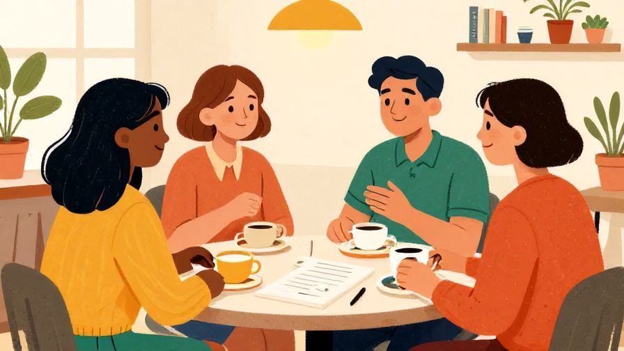 Illustration%20of%20a group of friends happily agreeing on a plan, bright cafe setting, vibrant colors, illustrated style