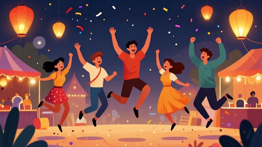 Illustration%20of%20a group of friends jumping with excitement at a festival, colorful lanterns and confetti in the air, evening setting