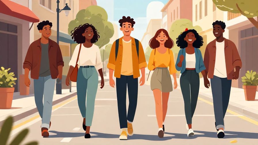 Illustration%20of%20a group of friends laughing and walking together on a sunny afternoon street, lively and casual