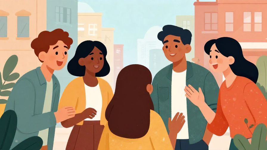 Illustration%20of%20a group of friends laughing and debating plans, lively urban background, bright colors, illustrated style