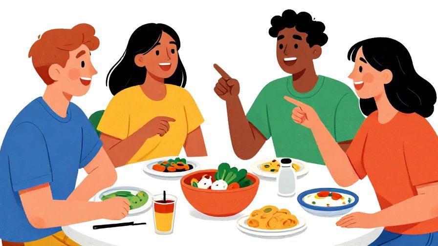 Illustration%20of%20a group of friends laughing and chatting, casually pointing at things like food and objects, vibrant colors, illustrated style