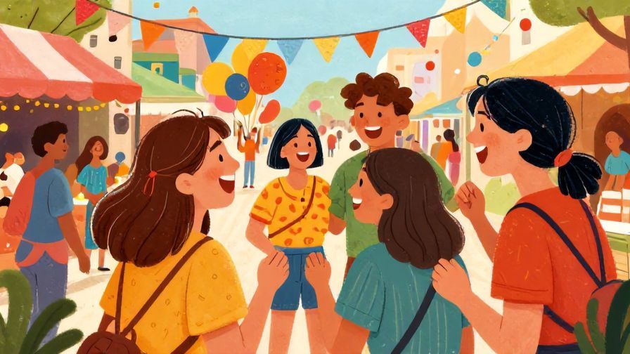 Illustration%20of%20a group of friends laughing and encouraging each other at a lively street festival, detailed background, vibrant colors, illustrated style