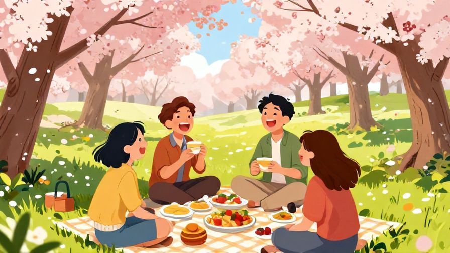 Illustration%20of%20a group of friends laughing and eating at a picnic under cherry blossom trees, joyful and light atmosphere, detailed background, vibrant colors, illustrated style