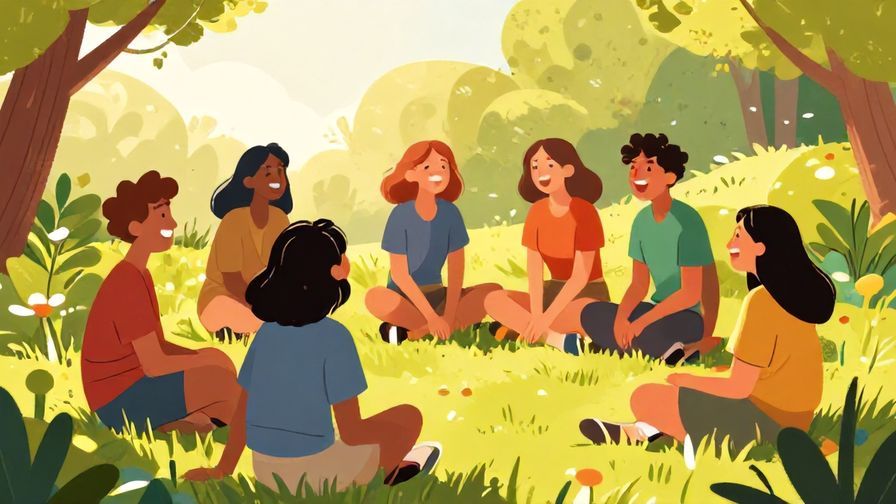 Illustration%20of%20a group of friends laughing and gently teasing each other in a park, warm sunlight, vibrant colors, illustrated style