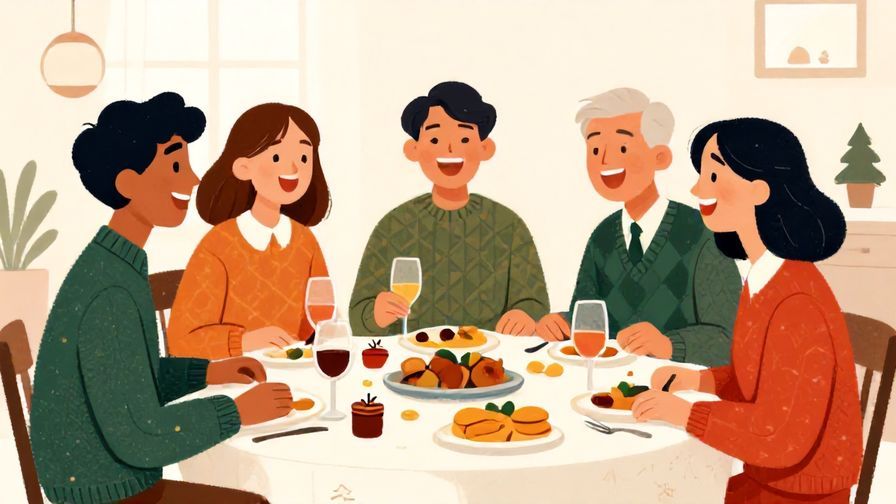 Illustration%20of%20a group of friends laughing around a Christmas dinner table, festive and joyful colors, illustrated style