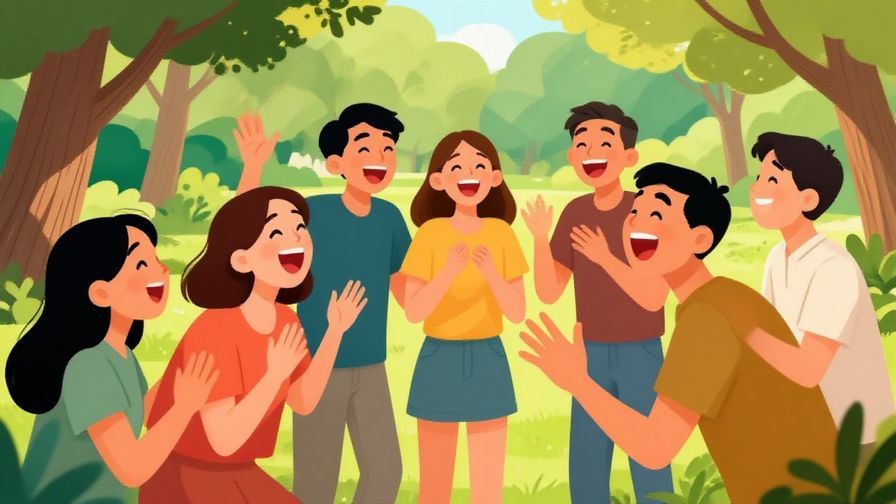 Illustration%20of%20a group of friends laughing loudly and greeting each other with exaggerated cheerful expressions in a park on a sunny morning.%20Bright%20colors%2C%20illustrated%20style