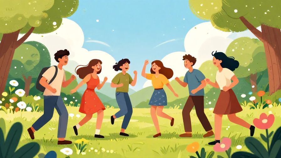 Illustration%20of%20a group of friends laughing together in a park, bright sun and flowers around, energetic vibe